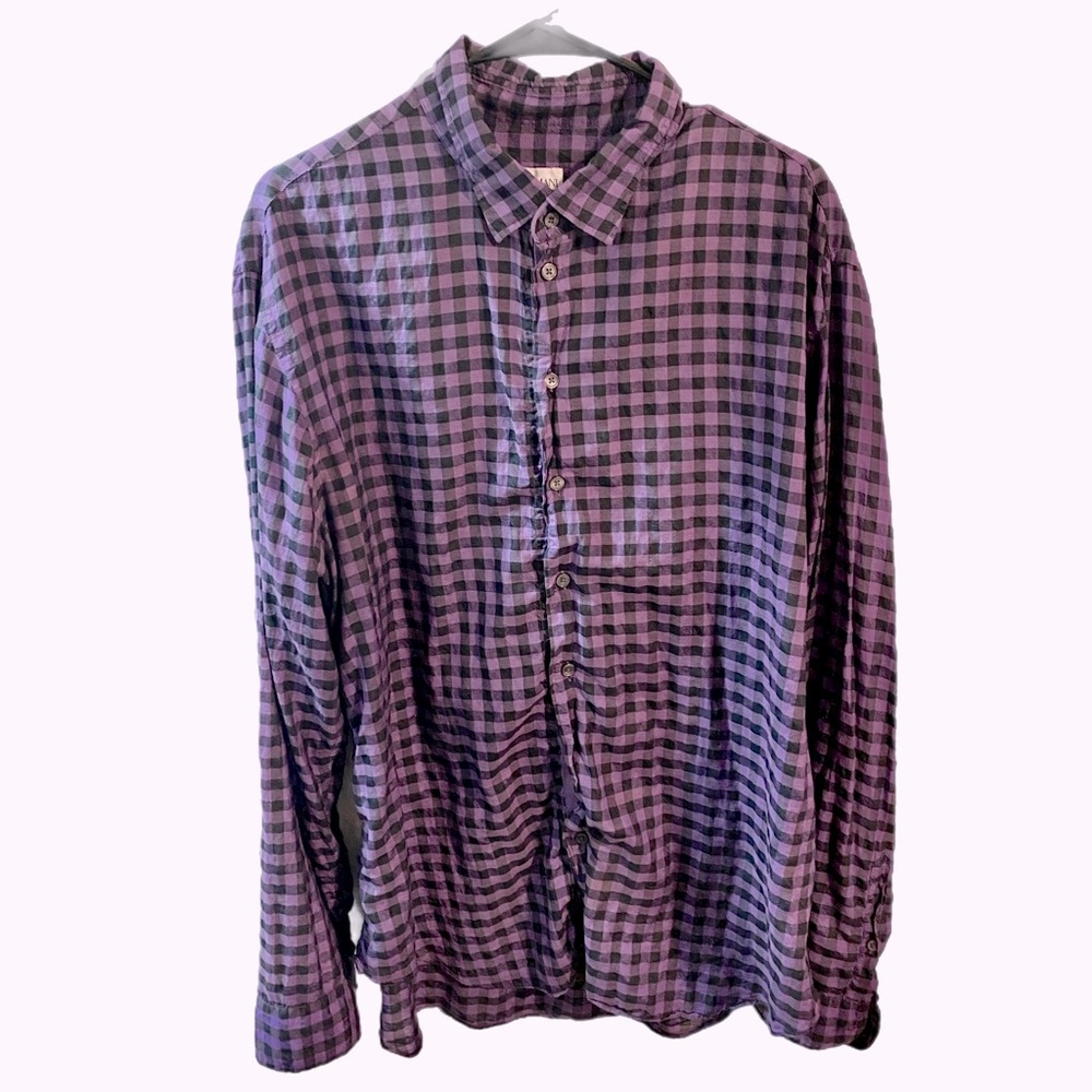 Armani Collezioni Men's Purple and Black Checkered Shirt